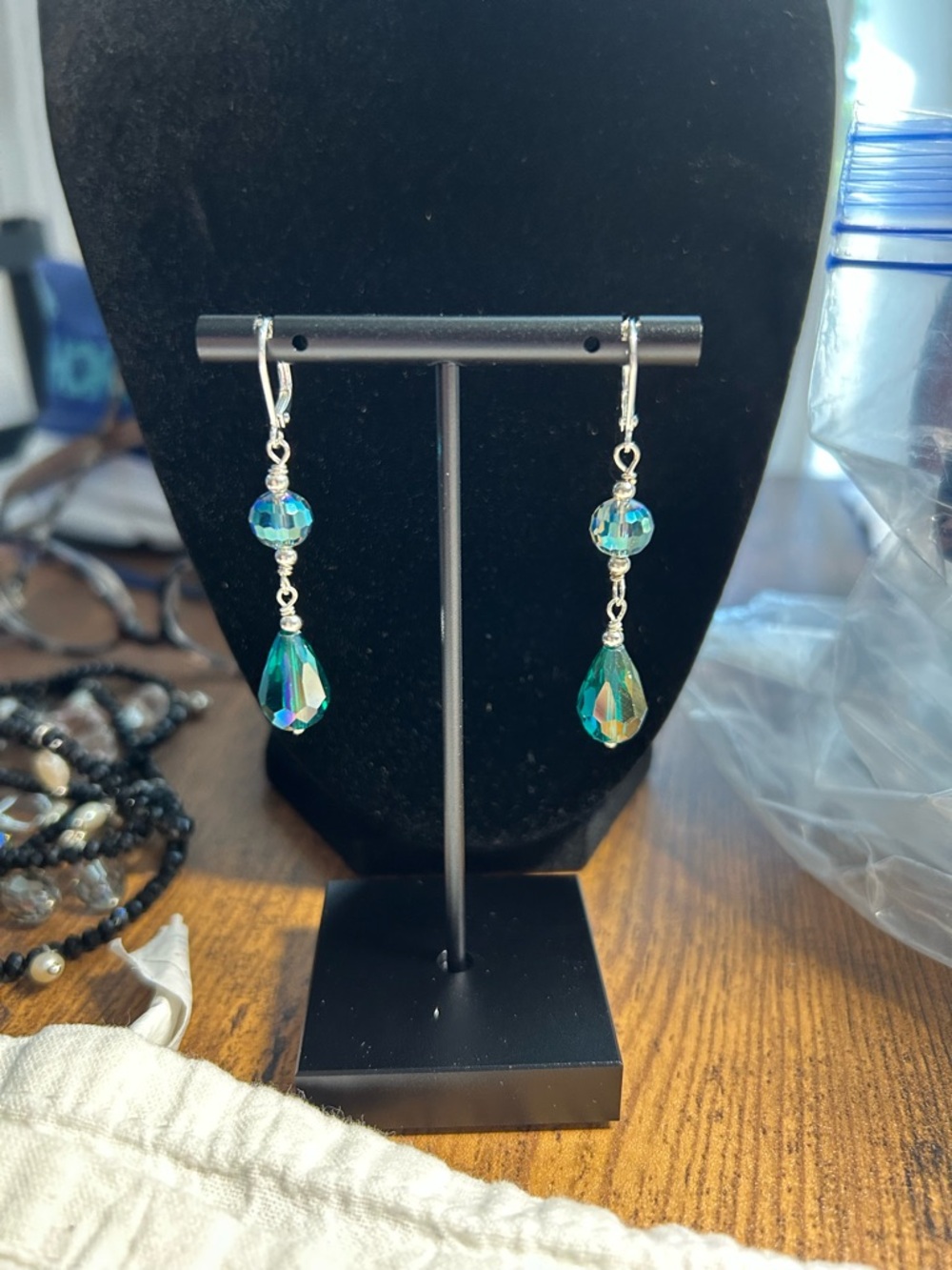 Crystal Drop Dangle Earrings - Teal Blue